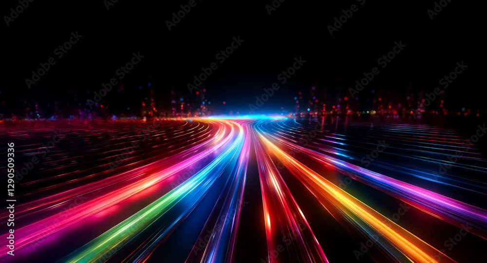 Fototapete Colorful light streaks rush forward on a dark backdrop, creating a dynamic sense of speed and energy with vibrant illumination.