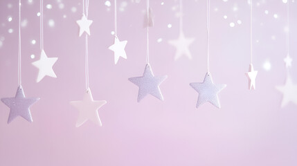 Dreamy Hanging Star Decorations on Pastel Background,Soft Pink Aesthetic with Floating Star Ornaments