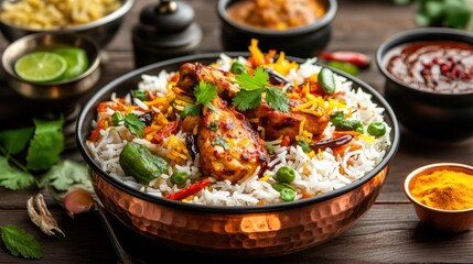 Vibrant Plate of Chicken Biryani Garnished with Fresh Herbs and Spices