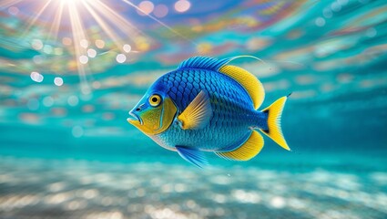 Naklejka premium A vibrant blue and yellow fish glides through crystal-clear waters under the radiant sun.