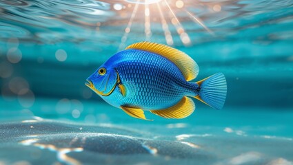 A vivid blue and yellow queen angelfish swims gracefully in the clear, shallow turquoise waters.