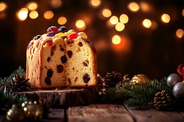 Festive panettone cake with dried fruits and holiday decorations