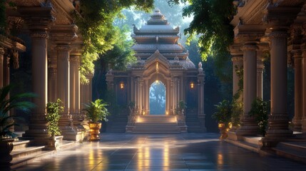 Fototapeta premium Serene Temple Pathway Bathed in Soft Morning Light and Nature