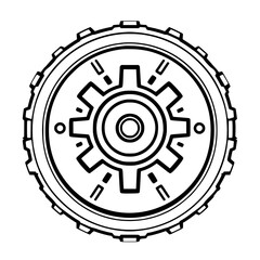 Gear Mechanism: Geometric and futuristic gear component design, black lines, circles and mechanical parts, isolated on white.