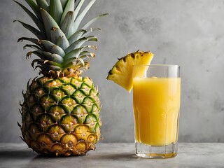 Pineapple juice in a clear glass and bottle on a light table. Half a pineapple and slices in the background. Palm leaves on a light background
