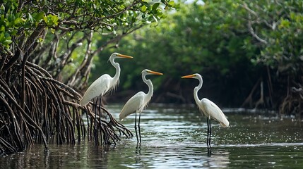 Elegant Great Egrets Standing Gracefully in Serene Mangrove Waterway Amid Lush Greenery