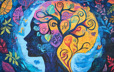 Colorful mural about mental health, representing a holistic health approach, integrating stress management techniques, and emphasizing health literacy education. 