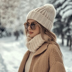 Beautiful young woman in knitted hat and scarf walks in the winter city.