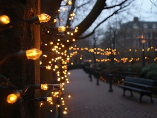 Park pathway lit by warm string lights
