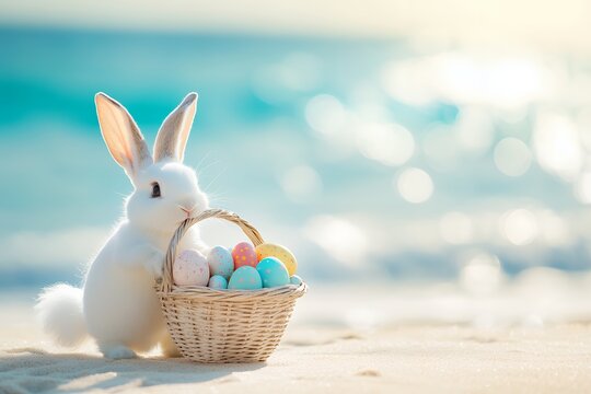 White rabbit with basket of colorful easter eggs on a sandy beach