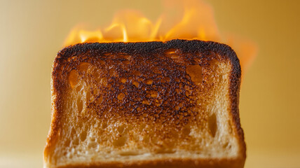 Burnt toast slice with flames on a yellow background
