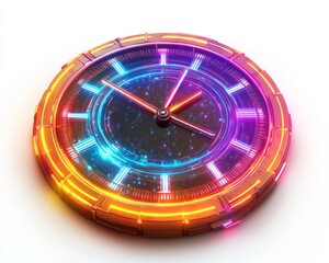 A holographic clock icon with glowing multi-colored neon lines, futuristic style, on white 