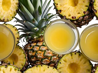 Pineapple juice in a clear glass and bottle on a light table. Half a pineapple and slices in the background. Palm leaves on a light background
