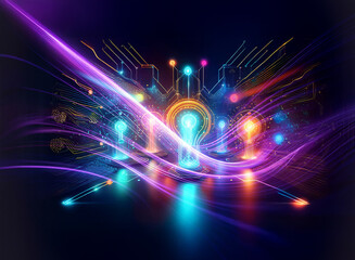 Vibrant abstract digital artwork. Glowing lines and shapes in double exposure style create futuristic energy with bright colors on a dark backdrop.