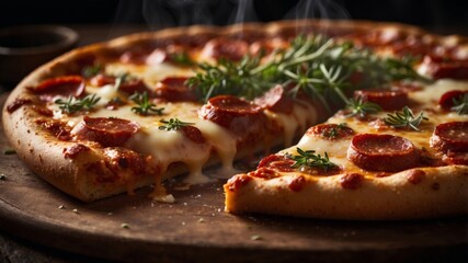 A freshly baked pepperoni pizza with melted cheese and aromatic herbs is ready to be served.
