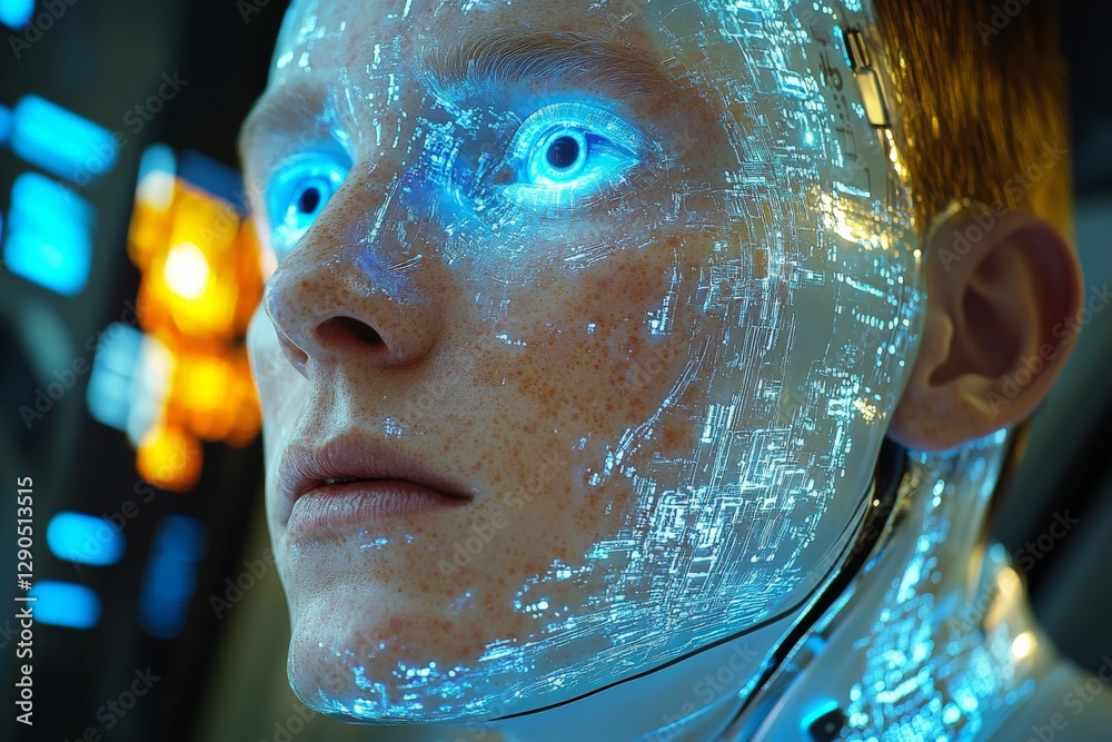 Aufkleber futuristic humanoid with glowing blue eyes and intricate circuitry in a high-tech environment