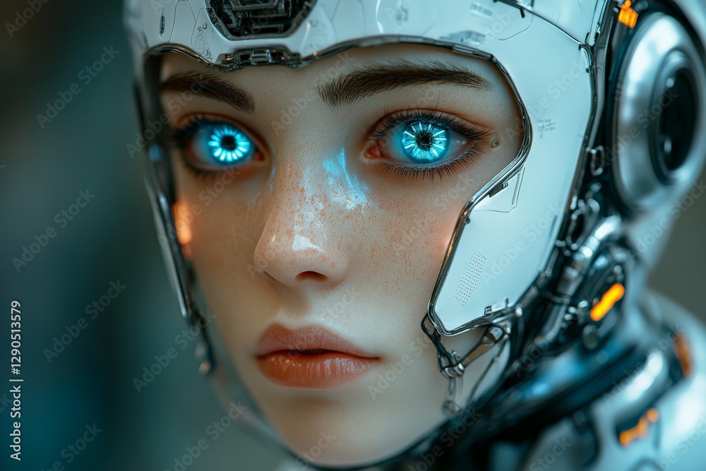 Poster close-up of a futuristic humanoid robot with bright blue eyes and intricate mechanical features show