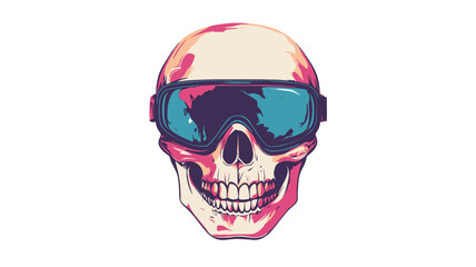 A digital illustration depicting a stylized human skull wearing large, reflective goggles. The skull is rendered in a vibrant color palette with pink, purple, and blue hues, exhibiting a