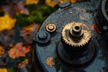 Fototapeta premium Close-up of a rusty gear mechanism surrounded by autumn leaves, showcasing intricate details and the contrast between nature and machinery.