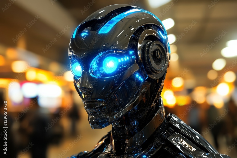 Aufkleber futuristic robot with glowing blue eyes stands in a bustling urban setting showcasing advanced techn