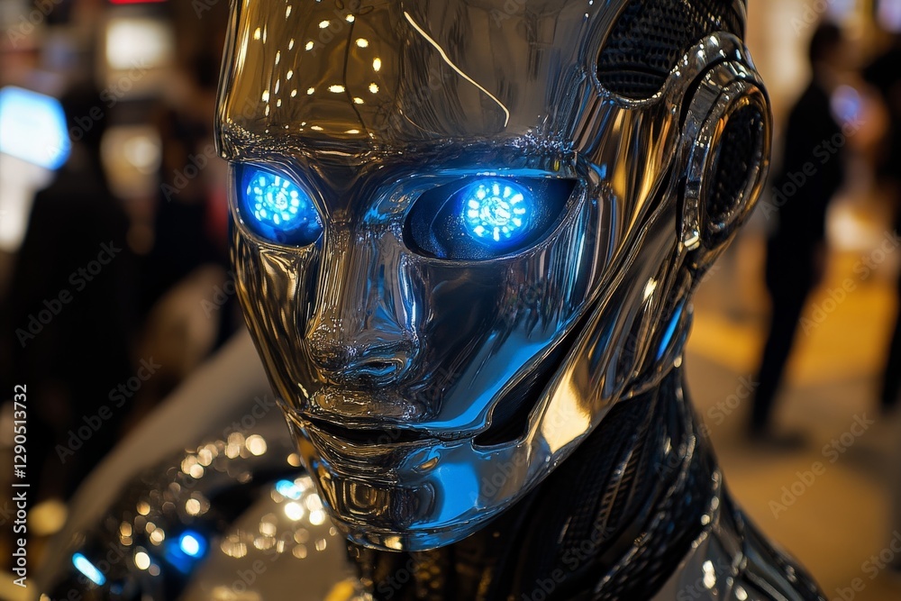 Aufkleber advanced humanoid robot with illuminated blue eyes showcases futuristic design in a busy exhibition 