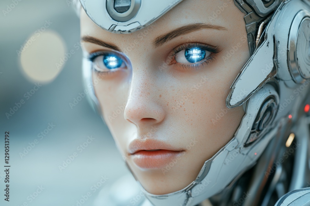Aufkleber futuristic android portrait with glowing eyes in a cybernetic setting, showcasing advanced technolog