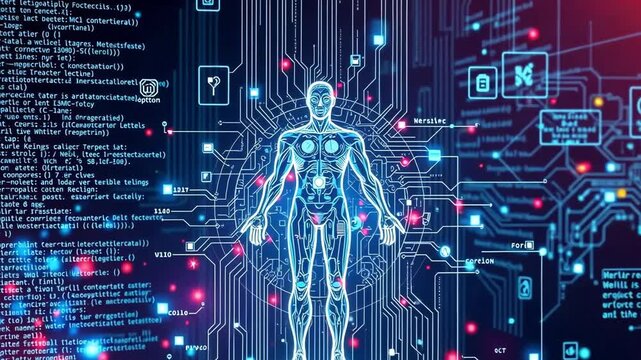 Futuristic digital human anatomy displayed on a technological background.  Abstract representation of digital health and bio-tech.