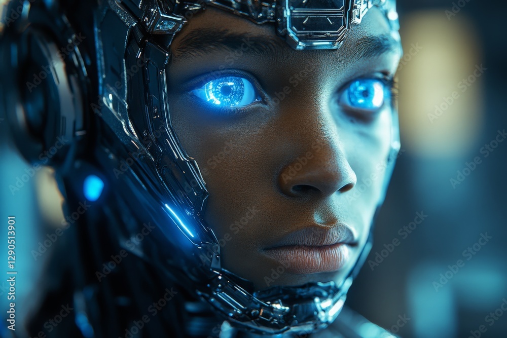 Poster Futuristic robotic figure with glowing blue eyes highlights advanced technology and creativity in a sci-fi setting