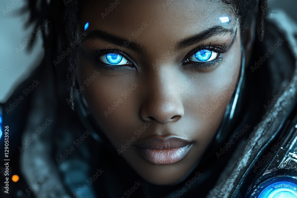 Poster futuristic character with striking blue eyes in a cyberpunk-inspired environment during a nighttime 