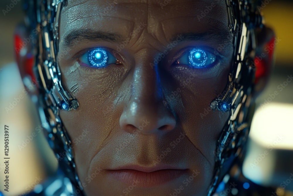 Aufkleber close-up view of a futuristic robotic face with glowing blue eyes in a sci-fi setting