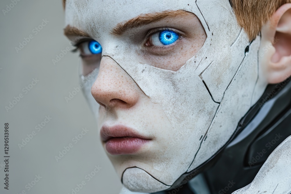 Poster robot character with striking blue eyes and detailed facial features is captivating viewers in a fut
