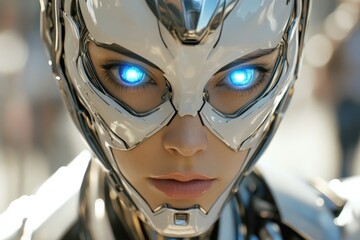 Fototapeta premium Detailed close-up of a futuristic humanoid robot with glowing blue eyes in an urban environment