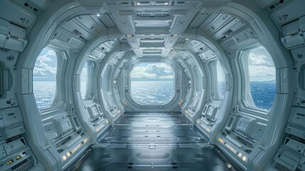 Obraz premium Futuristic Spaceship Corridor with Ocean View Sci Fi Interior Design