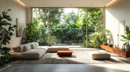 Fototapeta premium Cozy Indoor Space Filled With Natural Light and Lush Greenery Featuring Comfortable Seating and Woven Decor in a Serene Environment