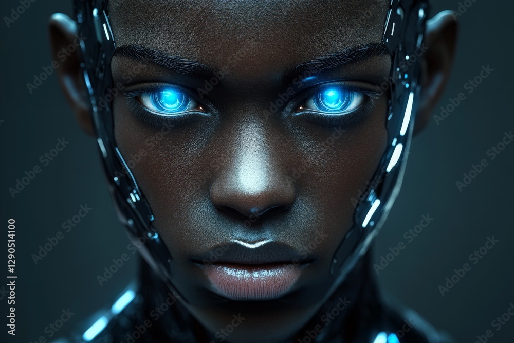 Fototapete Futuristic robot with glowing blue eyes displays advanced technology and intricate design in a dark setting