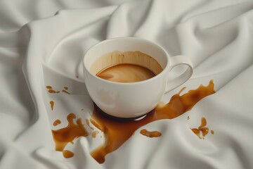 Spilled coffee cup on white tablecloth with brown stains and textured fabric