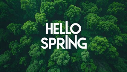 Overhead shot of verdant treetops welcomes the freshness of the season with a 'hello spring' message.
