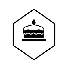 Black and white graphic cake with a candle icon on top, set within a hexagon frame.