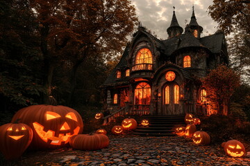 Halloween background with pumpkins and haunted house in the garden