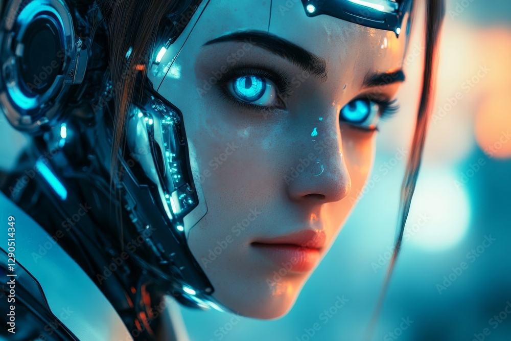 Poster futuristic female android with glowing blue eyes in a cybernetic setting showcasing advanced technol