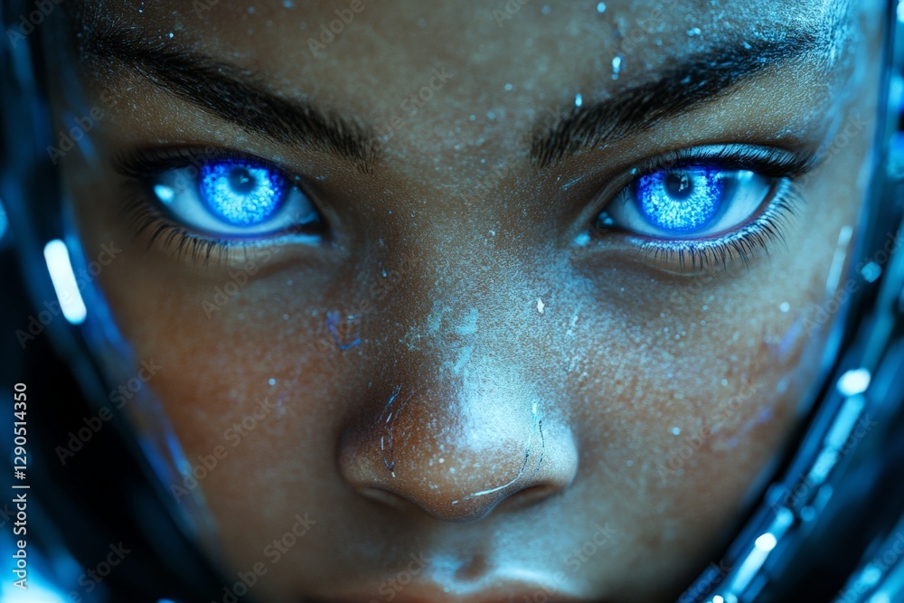 Fototapete close-up of a futuristic character with glowing blue eyes revealing intricate details and a mysterio