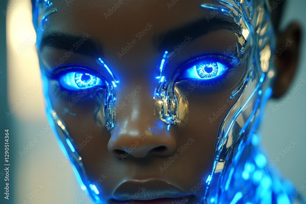 Aufkleber Futuristic android with glowing blue eyes showcasing advanced technology in a sci-fi inspired environment