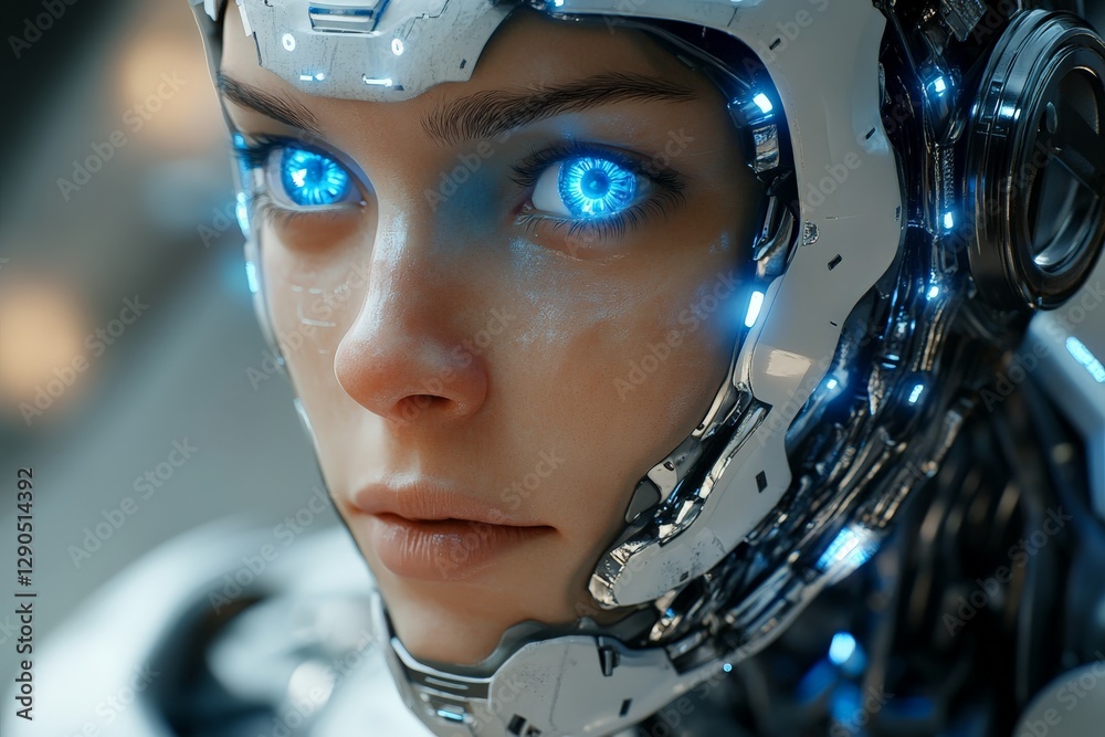 Aufkleber high-tech cyborg with glowing blue eyes showcases futuristic robotics in a cybernetic setting