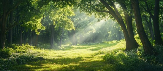 Obraz premium Lush green summer woodland with dappled sunlight illuminating a serene clearing surrounded by trees and vibrant undergrowth in a tranquil setting