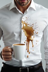 Coffee spill on white shirt with man holding a mug, accentuating unfortunate accidents