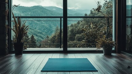 Fototapeta premium Tranquil Yoga Studio with Mountain View and Plants