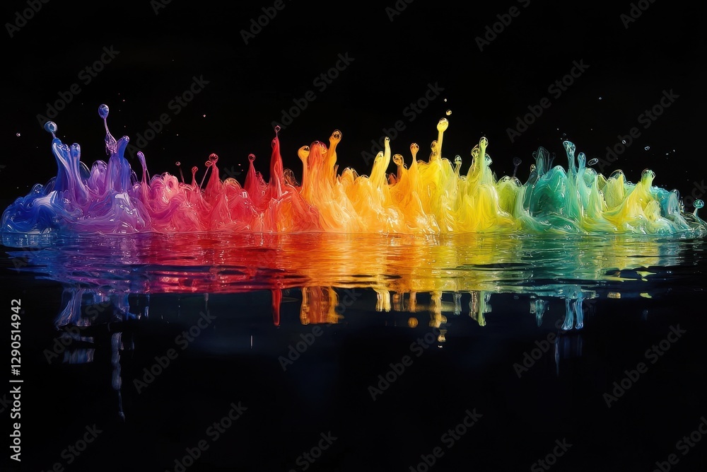 Poster colorful ink splashes creating vibrant patterns on calm water surface, rainbow colored ink falls on 