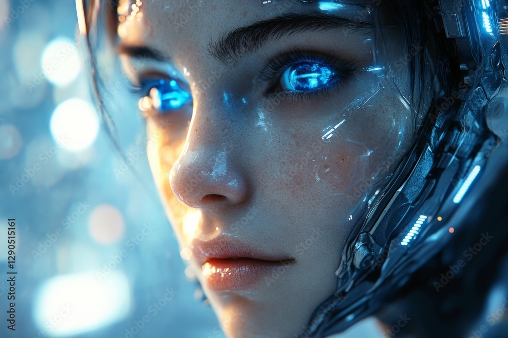 Aufkleber futuristic female cyborg with glowing blue eyes in a high-tech setting showcasing advanced technolog