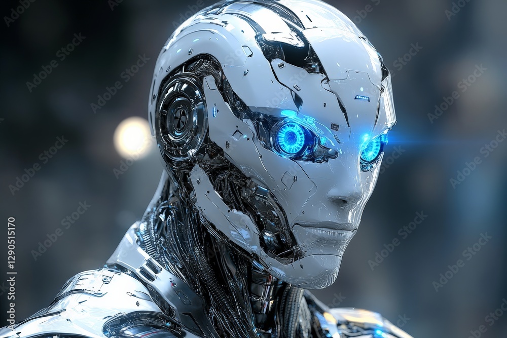 Leinwandbilder futuristic robot with glowing blue eyes in a high-tech environment showcasing advanced robotics desi