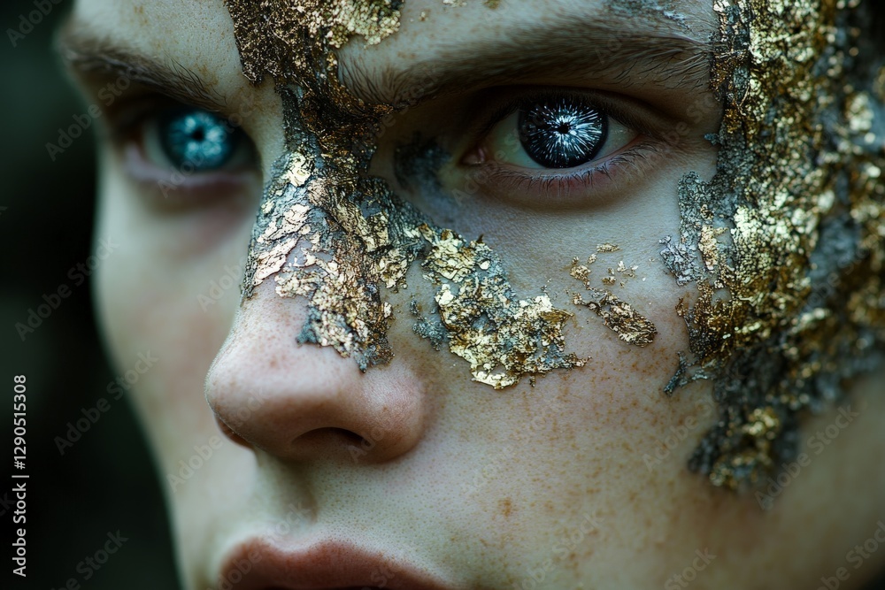 Poster striking close-up portrait of a person with metallic face paint and captivating eyes in an artistic 